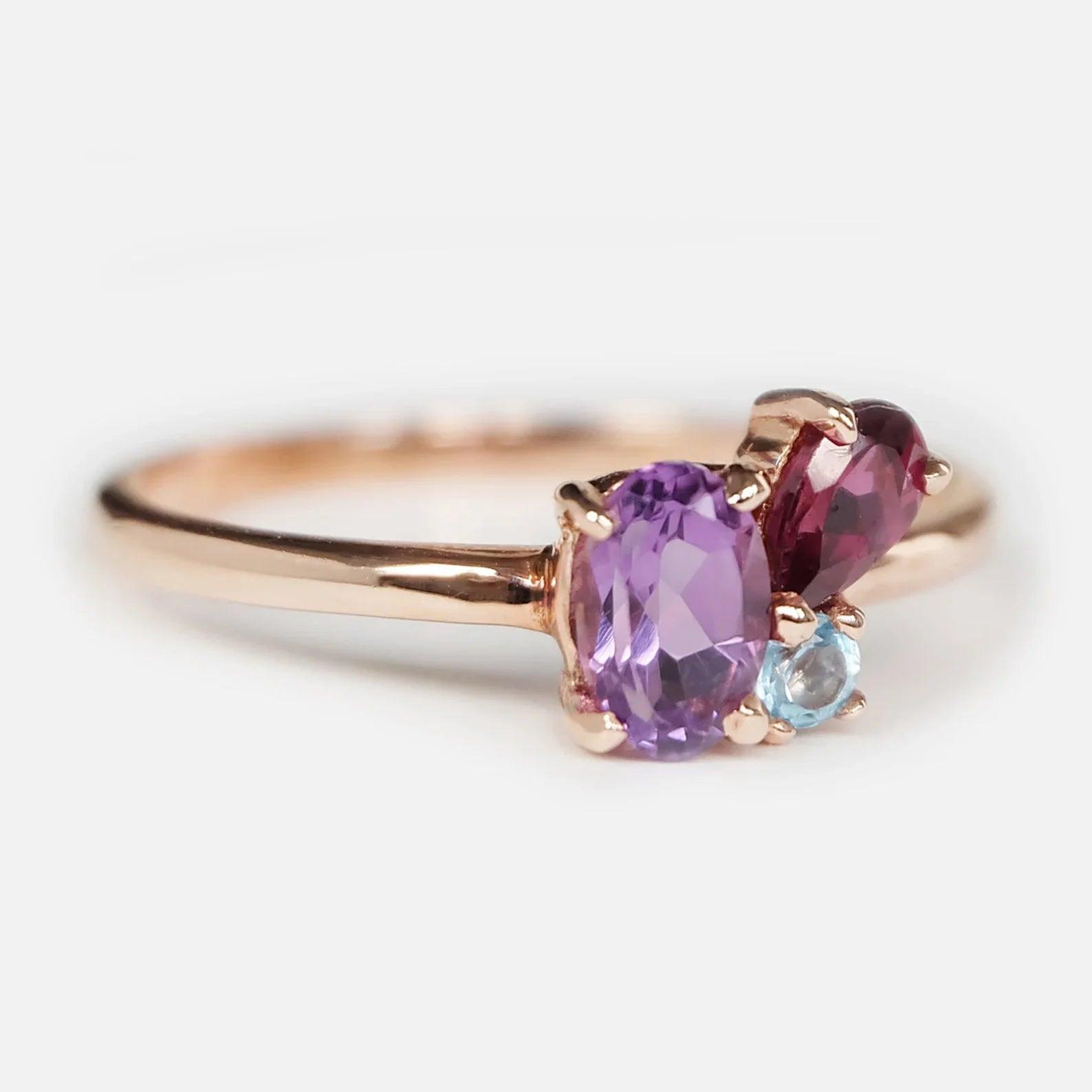 Amethyst Rhodolite Aquamarine Ring Nawra - SOVATS