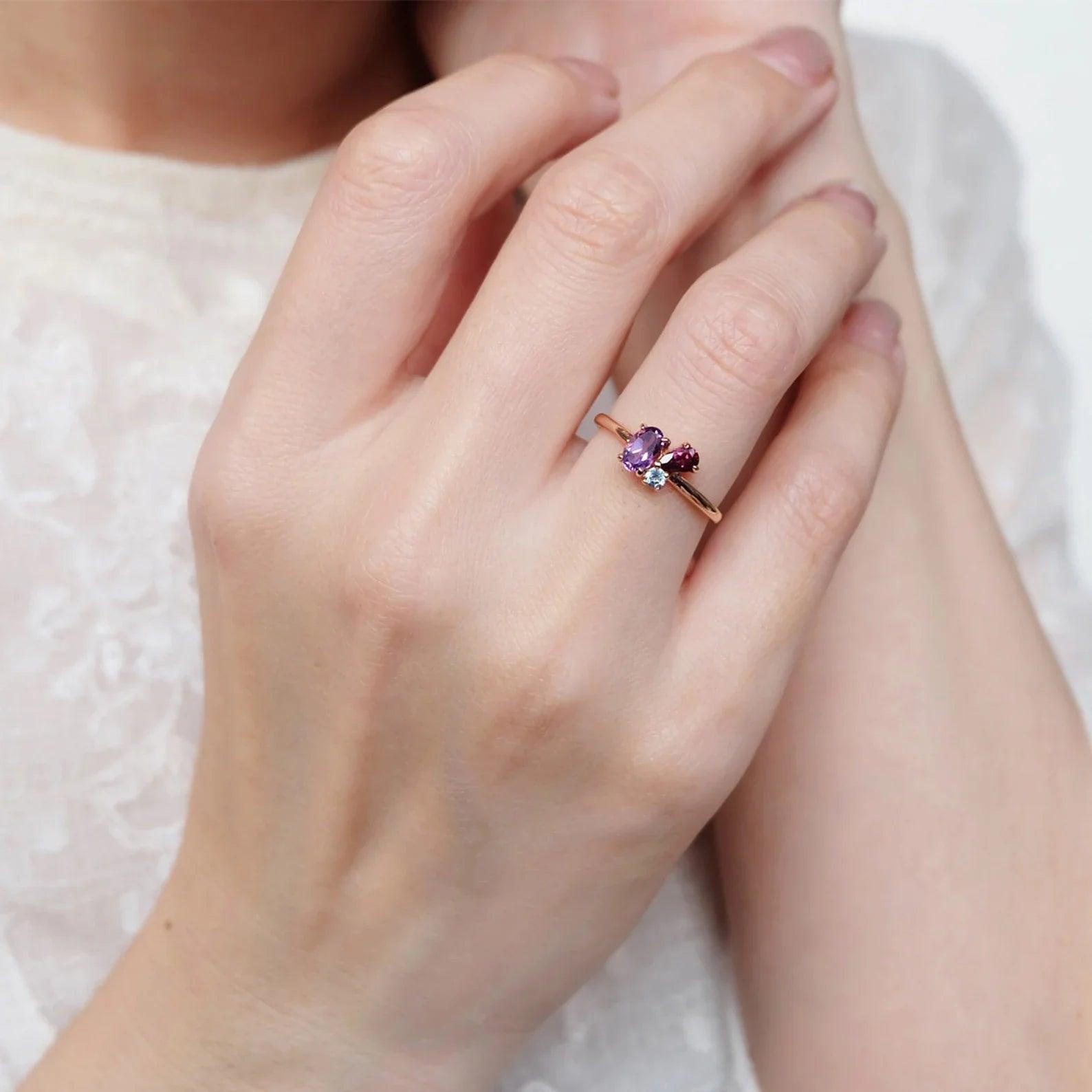 Amethyst Rhodolite Aquamarine Ring Nawra - SOVATS